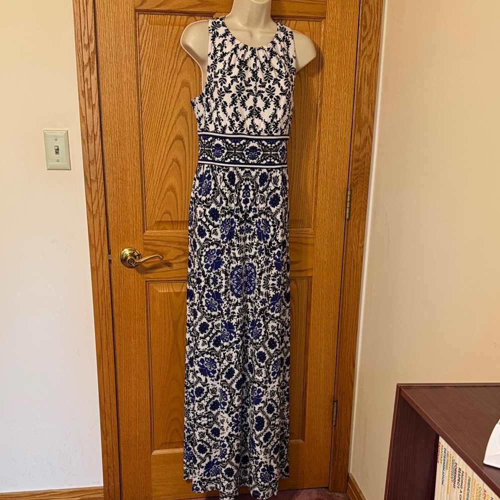 London Times Navy and White Patterned Maxi Dress